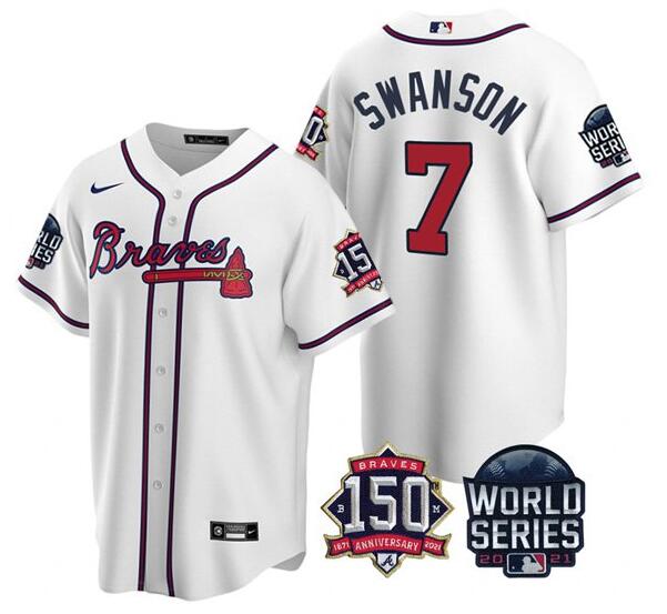 Men's Atlanta Braves #7 Dansby Swanson 2021 White World Series With 150th Anniversary Patch Cool Base Stitched Jersey Men's Atlanta Braves #7 Dansby Swanson 2021 White World Series With 150th Anniversary Patch Cool Base Stitched Jersey